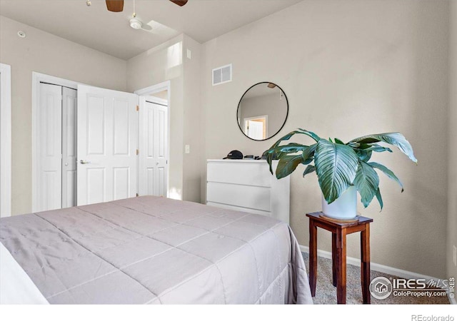 bedroom featuring carpet floors, a closet, and ceiling fan