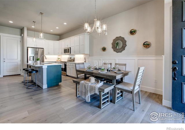 kitchen featuring pendant lighting, sink, stainless steel appliances, and an island with sink