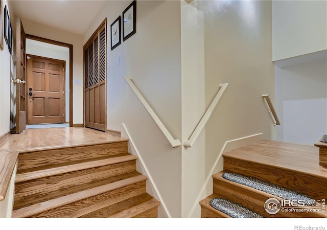 stairs featuring hardwood / wood-style flooring