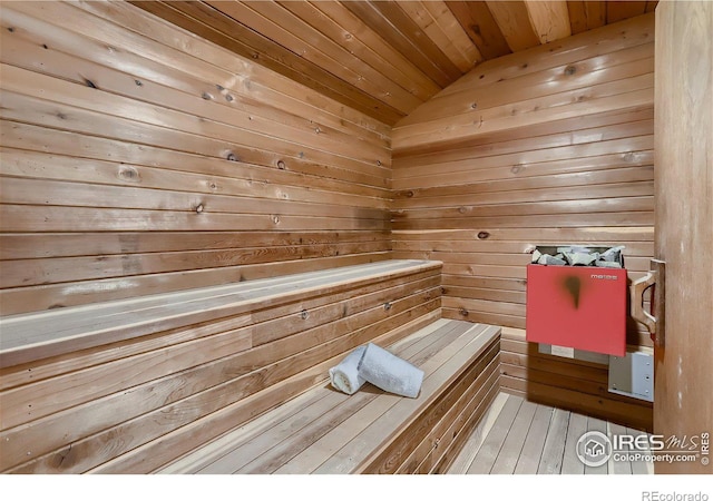 view of sauna featuring hardwood / wood-style flooring