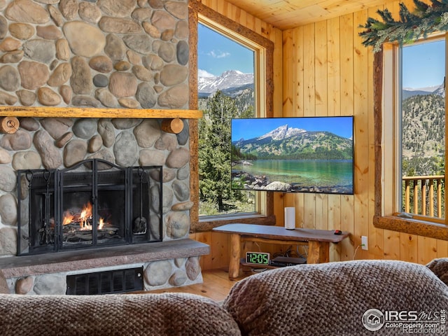 interior space featuring plenty of natural light, wooden walls, wooden ceiling, and a stone fireplace