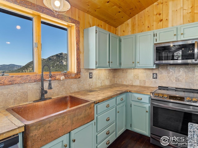 kitchen with vaulted ceiling, appliances with stainless steel finishes, a mountain view, sink, and backsplash