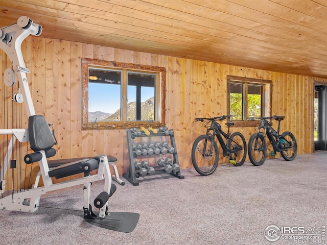 workout room with carpet flooring, wooden walls, and wooden ceiling