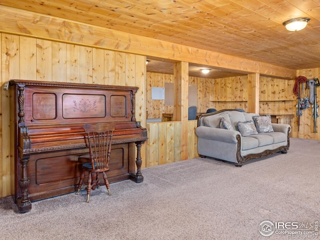 living room featuring wooden walls, carpet, and wood ceiling