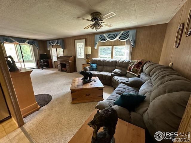 carpeted living room with a textured ceiling, plenty of natural light, and wood walls