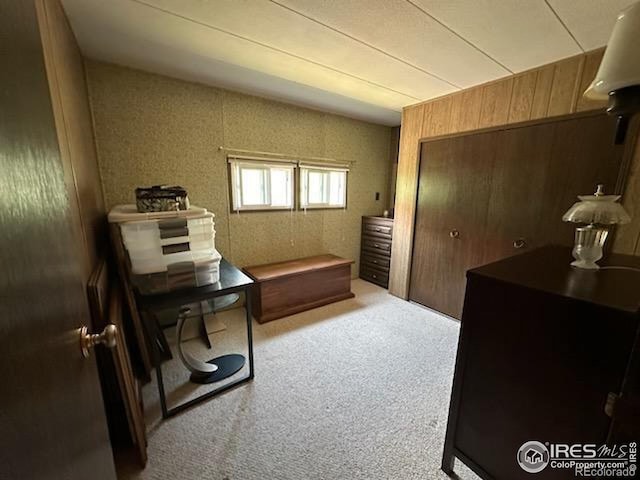 carpeted home office with wood walls