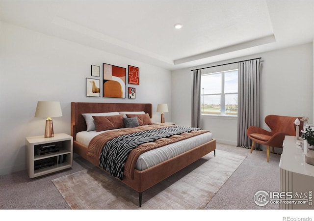 bedroom featuring a raised ceiling and light colored carpet