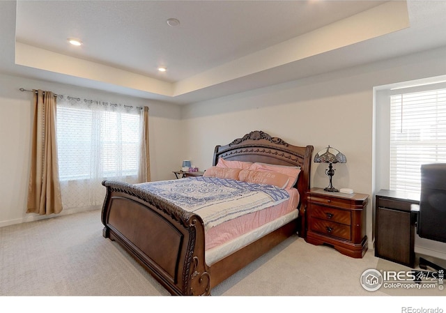 carpeted bedroom with a tray ceiling and multiple windows