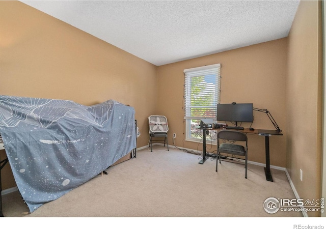 bedroom with carpet flooring, a textured ceiling, and baseboards