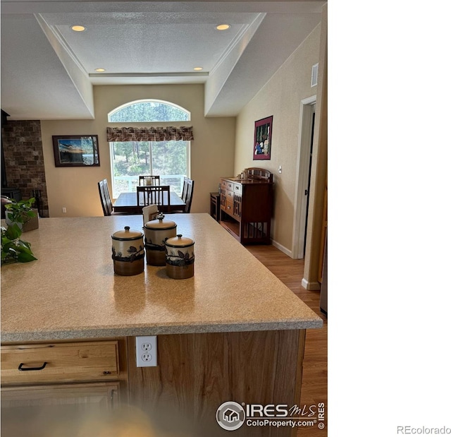 kitchen with a wood stove, light hardwood / wood-style floors, and a textured ceiling