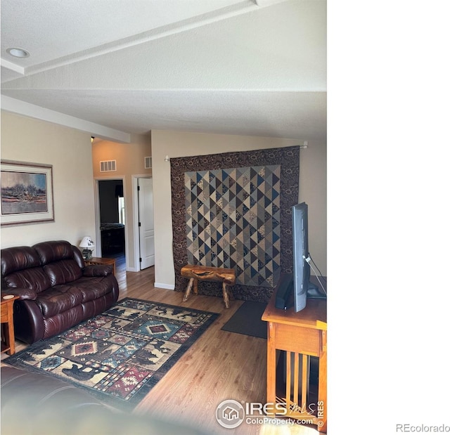 living room with hardwood / wood-style flooring and vaulted ceiling