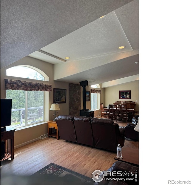 living room featuring a wealth of natural light, hardwood / wood-style flooring, a wood stove, and a textured ceiling