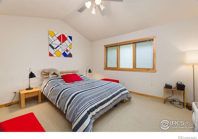 bedroom with lofted ceiling, baseboards, a ceiling fan, and light colored carpet