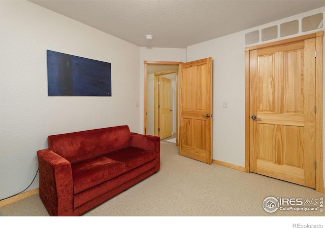 carpeted living area featuring a textured ceiling and baseboards