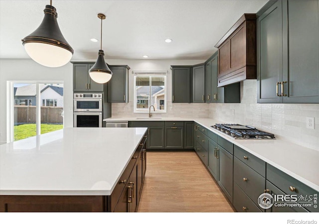 kitchen with plenty of natural light, stainless steel appliances, hanging light fixtures, and light hardwood / wood-style flooring