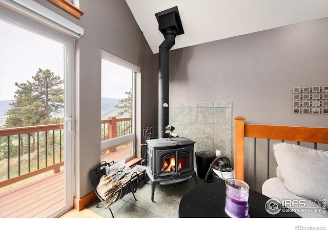 interior space featuring a wood stove