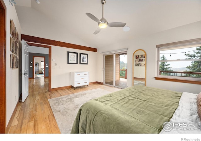 bedroom featuring high vaulted ceiling, access to outside, light hardwood / wood-style floors, and ceiling fan