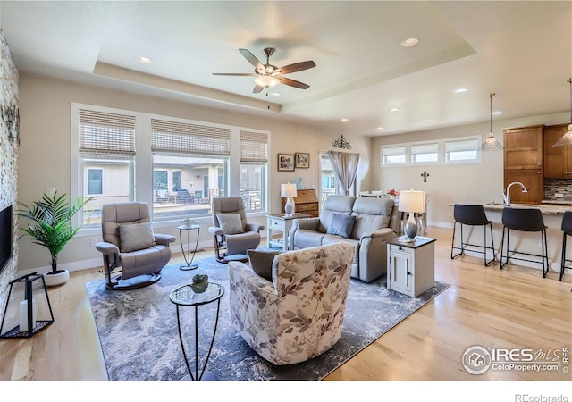 living room with a raised ceiling and a healthy amount of sunlight