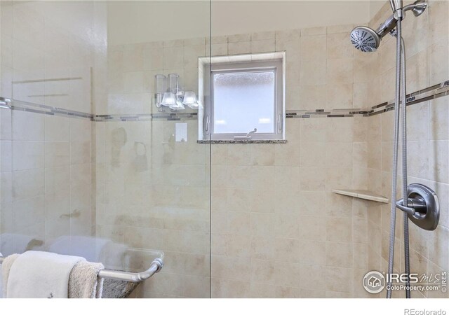 bathroom with a shower with shower door