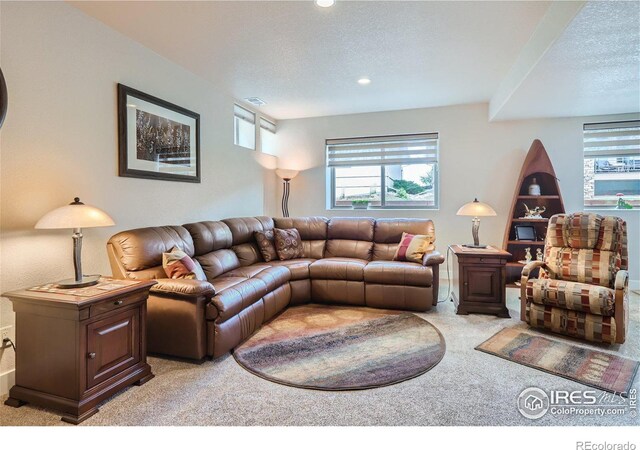 living room with light colored carpet and a textured ceiling