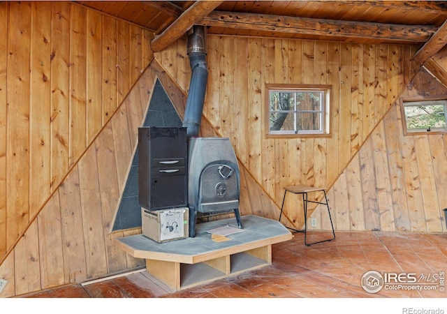 interior details with a wood stove and wood walls