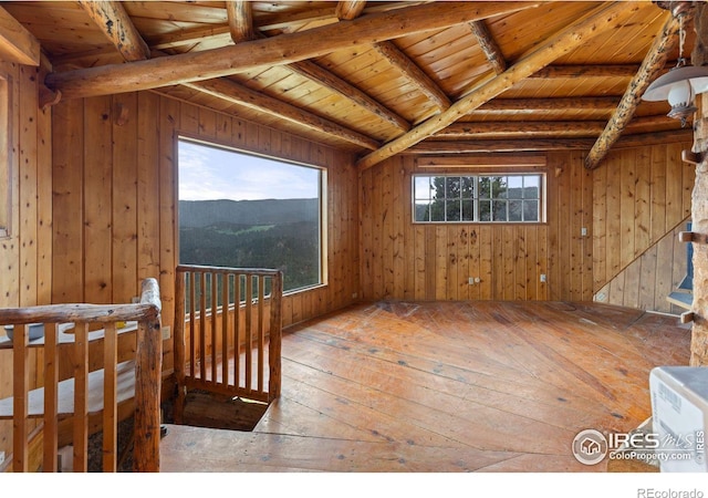 interior space featuring wood-type flooring, beam ceiling, wooden walls, and wood ceiling