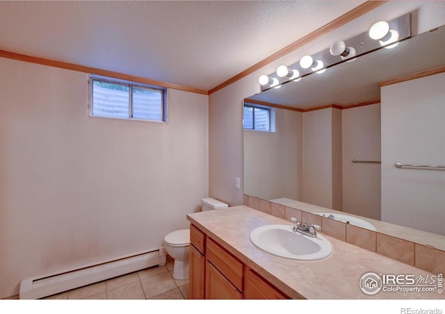 bathroom featuring a baseboard radiator, tile patterned flooring, a textured ceiling, toilet, and vanity