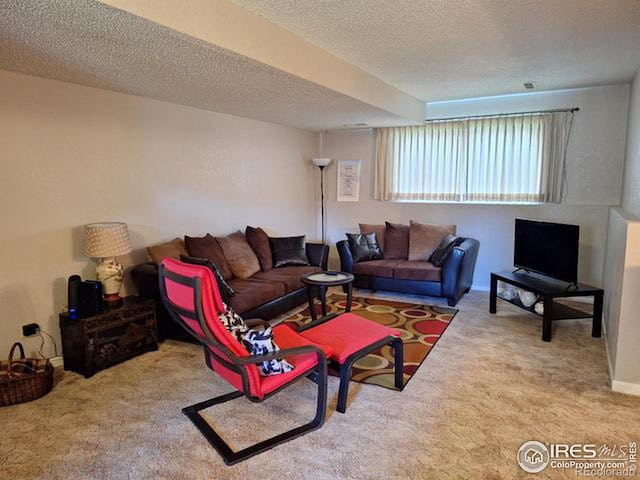 carpeted living room with a textured ceiling