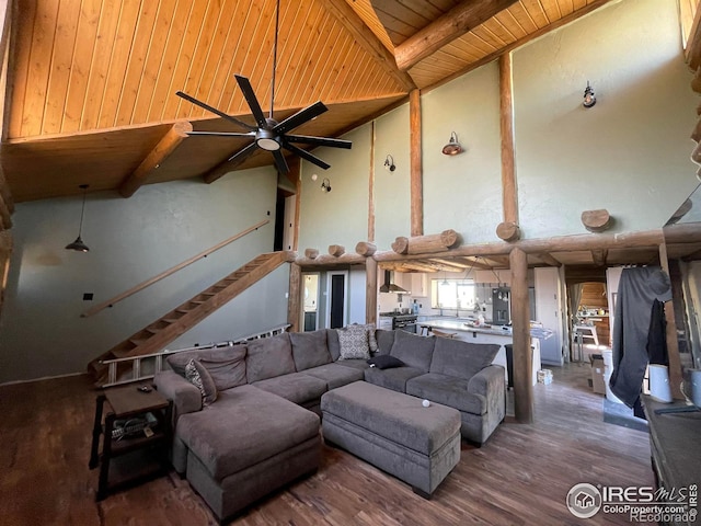 living room with wooden ceiling, ceiling fan, high vaulted ceiling, and wood-type flooring