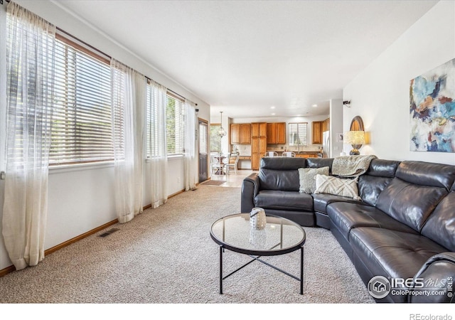 living room with light colored carpet