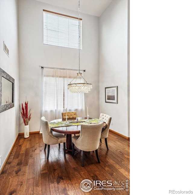 dining space with a healthy amount of sunlight, dark hardwood / wood-style floors, and an inviting chandelier