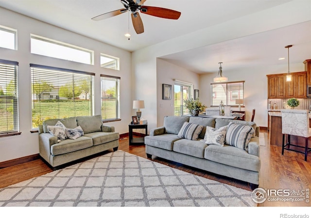 living area featuring a ceiling fan, baseboards, and wood finished floors