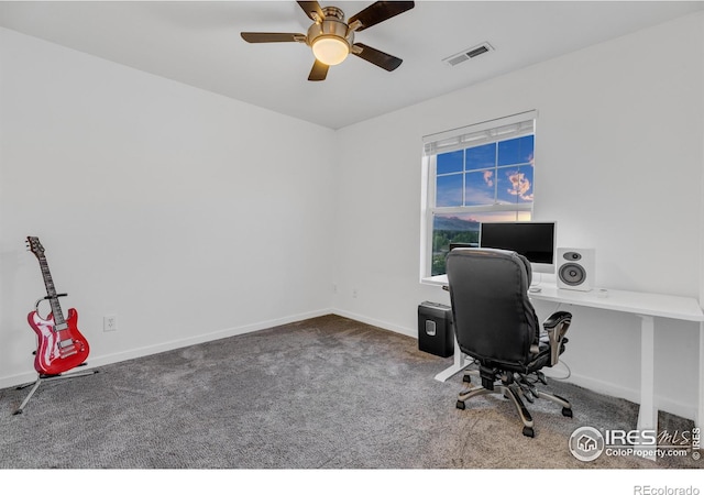 office with ceiling fan and carpet