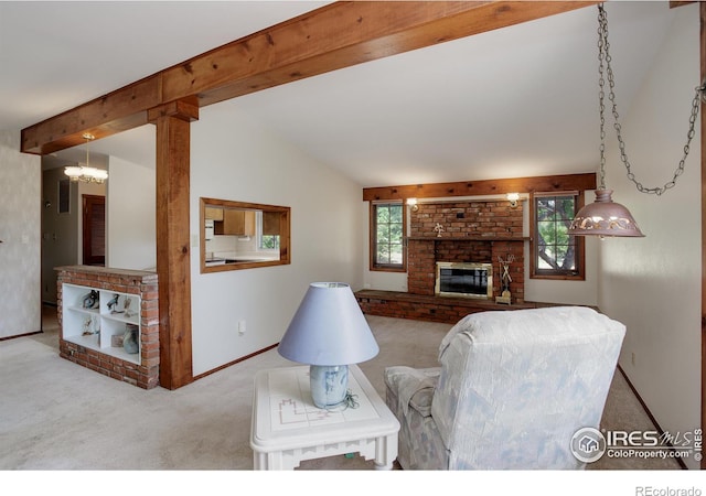 living room featuring a brick fireplace, lofted ceiling with beams, and light carpet