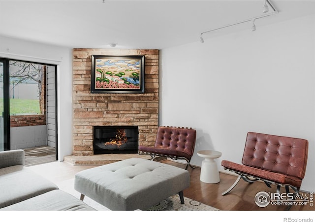 living room with a fireplace, hardwood / wood-style floors, and rail lighting