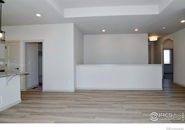 kitchen with a raised ceiling, light hardwood / wood-style flooring, light stone counters, and pendant lighting