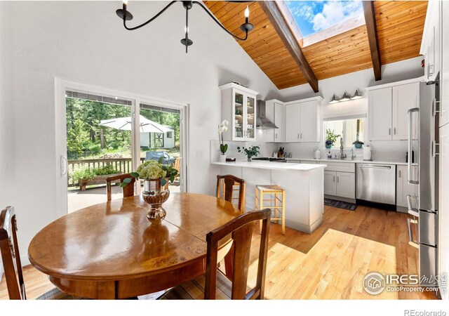 dining room featuring a skylight, beamed ceiling, a healthy amount of sunlight, light hardwood / wood-style flooring, and wood ceiling