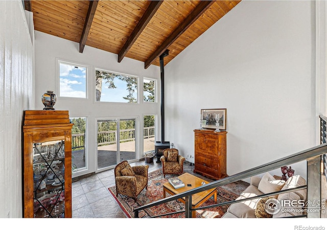 living room featuring high vaulted ceiling, a wood stove, wooden ceiling, and beamed ceiling