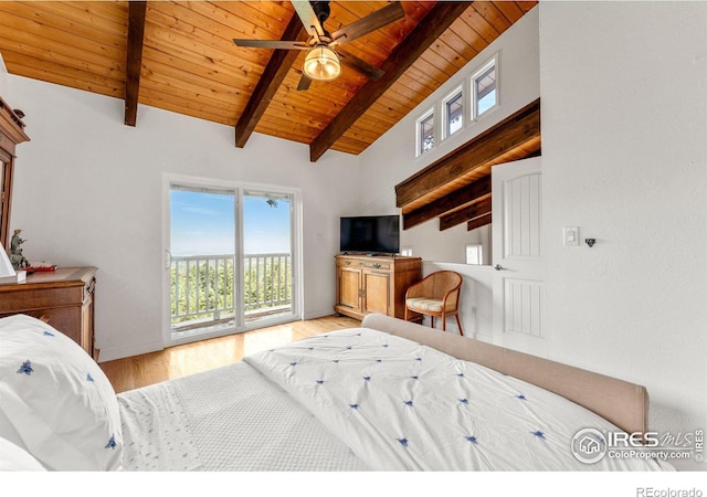 bedroom featuring a ceiling fan, wooden ceiling, light wood-style flooring, vaulted ceiling with beams, and access to outside