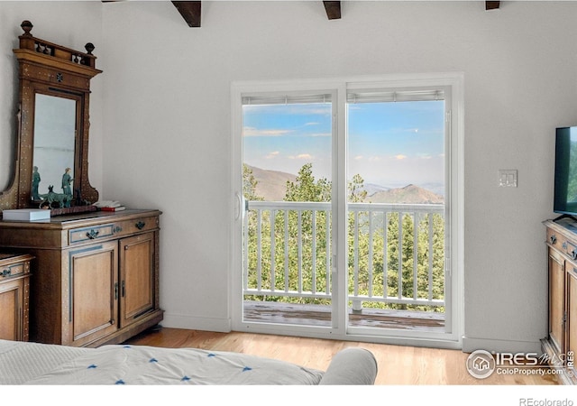 interior space with beamed ceiling, light hardwood / wood-style floors, and access to exterior