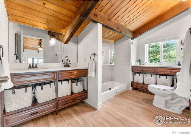 bathroom with walk in shower, wood ceiling, vanity, vaulted ceiling with beams, and toilet