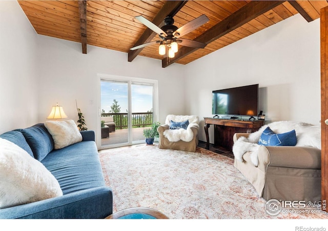 carpeted living room featuring beamed ceiling, wooden ceiling, and a ceiling fan