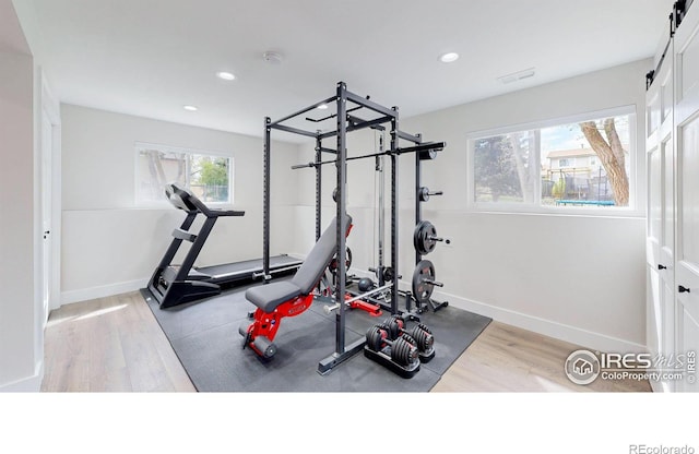 exercise area with a healthy amount of sunlight and light wood-type flooring