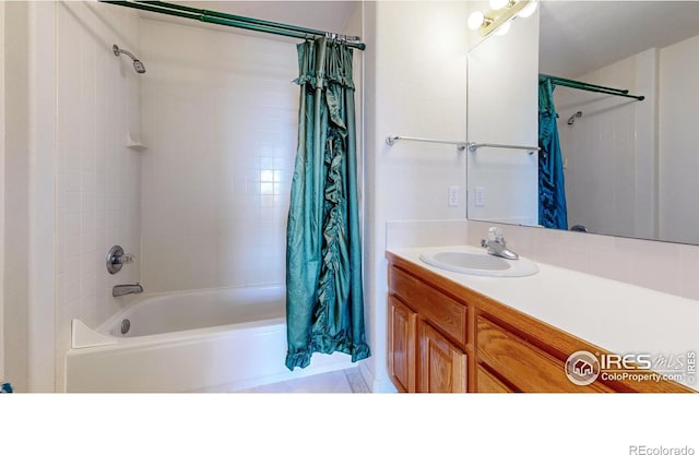 bathroom with vanity and shower / bathtub combination with curtain