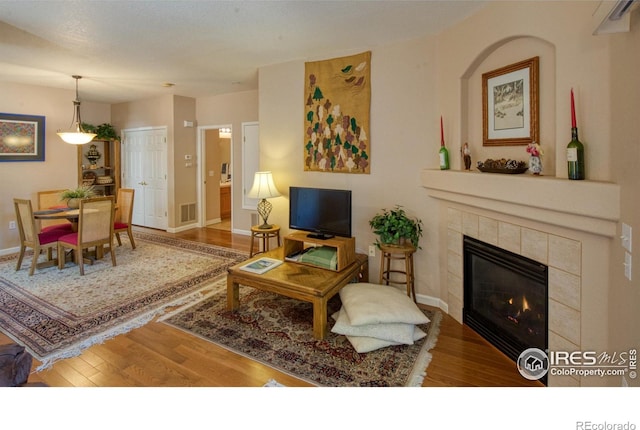 living room with a fireplace and wood-type flooring