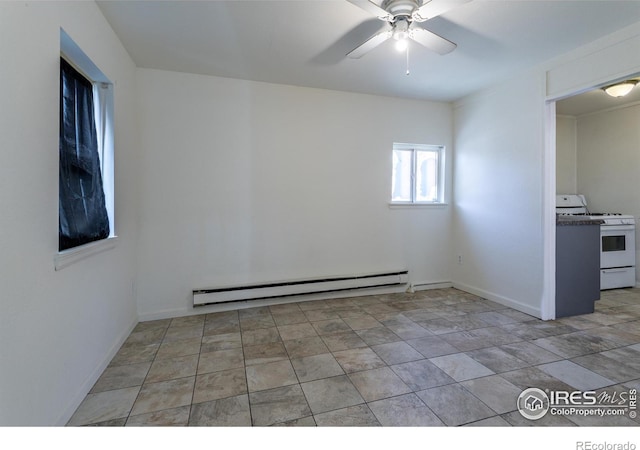 empty room with ceiling fan and a baseboard radiator