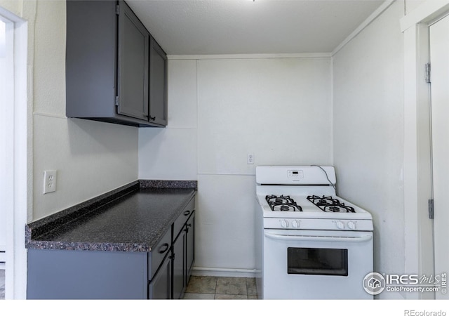 kitchen featuring gray cabinets and white range with gas stovetop