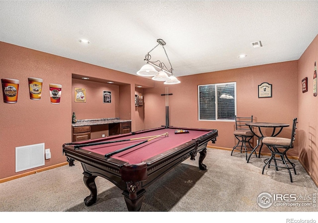 recreation room featuring light carpet and pool table