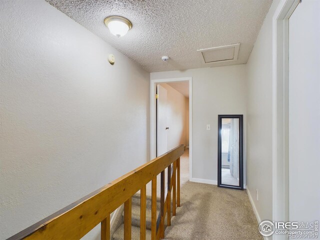 hall featuring carpet and a textured ceiling