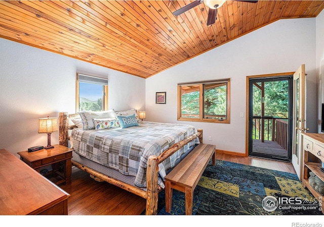 bedroom featuring lofted ceiling, access to exterior, wooden ceiling, and ceiling fan